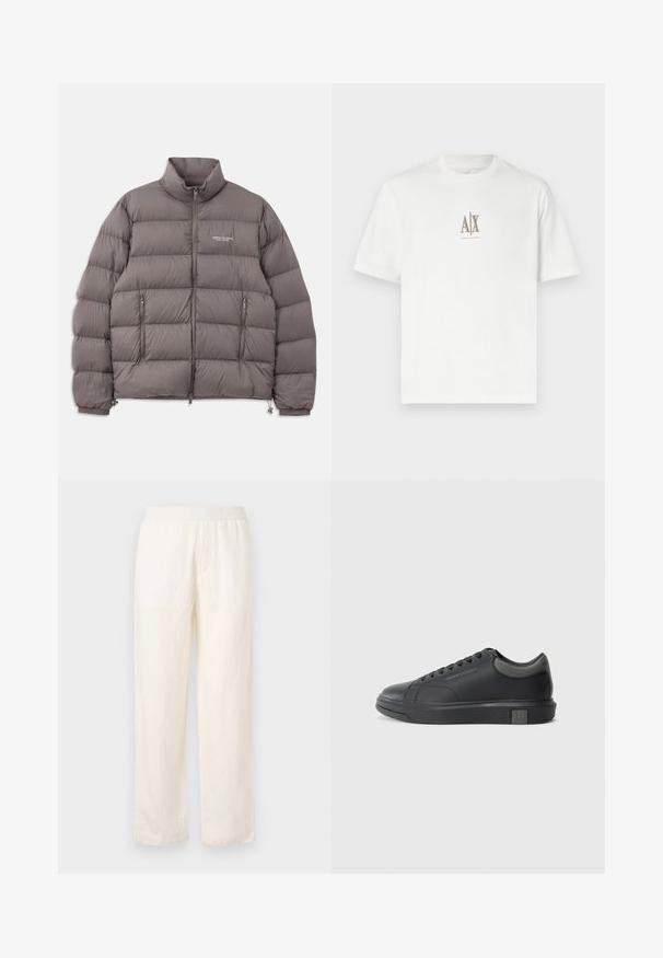 Szürke párnázott dzseki magas gallérral, elülső cipzárral és két cipzáras oldalzsebbel. Simaságával, steppelt mintájával és logó részleteivel figyelemfelkeltő.; Fehér pamut póló kerek nyakkal. Jellemzője egy kis bézs "A|X" logó, alatta az "ARMANI EXCHANGE" felirattal. Rövid ujjú, normál fazonú.; Könnyű, tejszínszínű nadrág rugalmas derékkal, egyenes szabással és finom textúrával. Nem rendelkezik látható zsebekkel.; Fekete bőrlábbeli sima felülettel, kerek orral és sötétszürke kiegészítőkkel. Fűzős kialakítású és texturált gumitalppal rendelkezik.