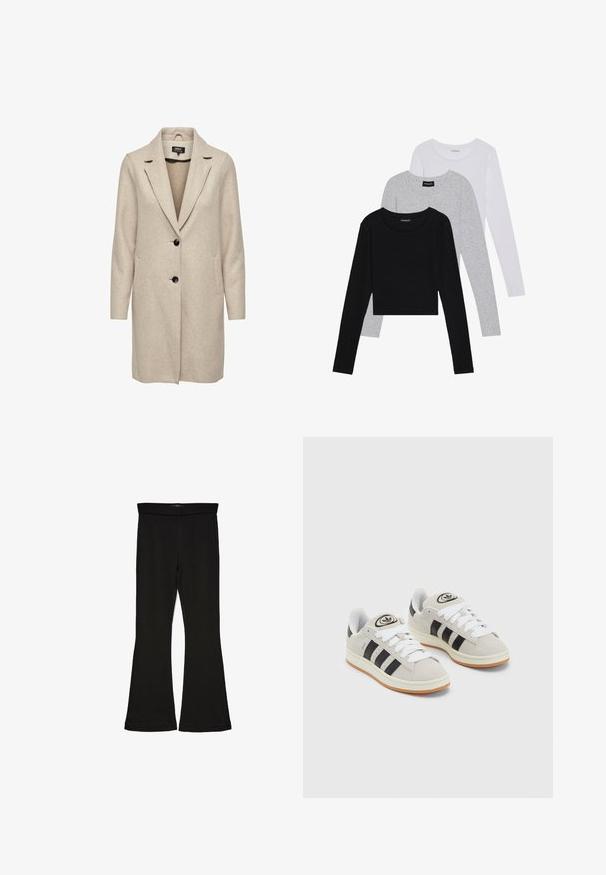 Palton bej dintr-un amestec de lână cu un design croit, revere cu tăietură tip notch, trei nasturi negri și două buzunare frontale. Mâneci lungi și croială de lungime medie.; Trei bluze cu mânecă lungă așezate: neagră, gri și albă. Fiecare are un guler rotund și un design scurt, realizat dintr-un material fin și ușor.; Leggings negre cu tiv evazat, realizate dintr-un material elastic. Au o talie largă și o textură fină, cu o siluetă ajustată care se lărgește la tiv.; Adidași din suede gri cu șireți albi, dungi negre și talpă din cauciuc alb. Prezintă un logo circular pe limbă și o talpă din cauciuc.