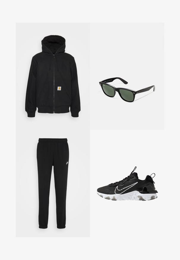 Felpa nera con zip e cappuccio trapuntato, con lacci e tasche frontali. Presenta una toppa con logo sulla tasca sinistra e polsini a coste.; Felpa nera con cappuccio realizzata in tessuto morbido, dotata di una tasca a marsupio frontale, cappuccio con cordoncino, polsini a costine e un piccolo logo Nike bianco sul petto.; Pantaloni da jogger neri con vita elasticizzata, polsini alle caviglie e un piccolo logo Nike bianco sul lato sinistro. Realizzati in un morbido tessuto testurizzato.; Scarpa sportiva nera con tomaia in tessuto testurizzato, il logo Nike bianco e una suola spessa bianca. Presenta un occhiello sul tallone per indossarla facilmente.; Occhiali da sole in plastica nera con lenti verdi, montatura quadrata, dettaglio argento sulla parte superiore e steli con texture. Marchio indicato sulla parte interna dello stelo.