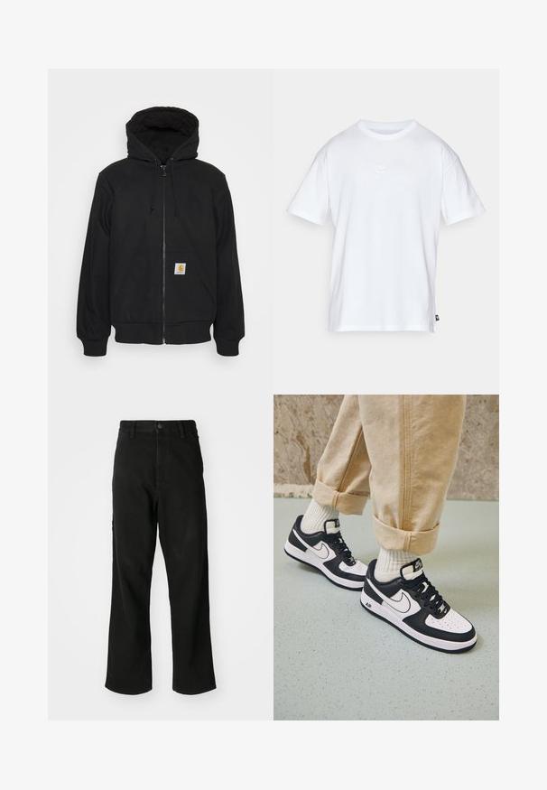 Schwarze Zip-Jacke mit einer gesteppte Kapuze, Kordelzügen und Fronttaschen. Enthält ein Logo-Patch auf der linken Tasche und gerippte Bündchen.; Weißes Baumwoll-T-Shirt mit kurzen Ärmeln und Rundhalsausschnitt. Verfügt über ein kleines, dezentes Nike-Logo auf der Brust und ein seitliches Etikett.; Schwarze, weit geschnittene Jeanshose aus Denim mit einem Knopfverschluss, Gürtelschlaufen und zwei seitlichen Taschen sowie einer glatten Oberfläche.; Schwarz-weiße Nike Air Force 1 Sneaker mit einem Obermaterial aus Leder, perforierter Zehenpartie und strukturiertem Sohlendesign, getragen mit aufgerollten beigen Hosen und weißen Socken.