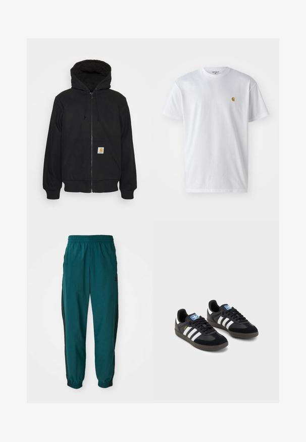 Svart dragkedja hoodie med en vadderad huva, snörning och framfickor. Har ett logotypmärke på vänster ficka och ribbade ärmslut.; Vit bomullströja med korta ärmar, rund halsringning, med en liten guldlogotyp på vänster bröstområde. Mjuk textur och vanlig passform.; Teal sportbyxor med dragsko i midjan, elastiska muddar och svarta sidostråkar. Tillverkade av lättviktsmaterial och har en logo nära höften.; Svarta sneakers med övre del av mocka och syntetmaterial, med tre vita ränder, texturerad gummisula och blå logotags på tungan.