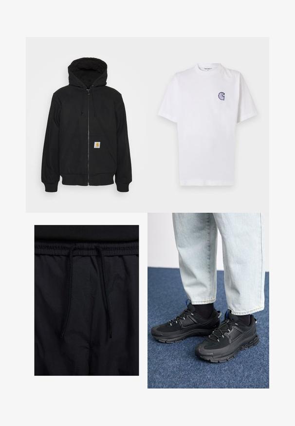 Hoodie preto com fecho zip, capucho acolchoado, cordões e bolsos frontais. Apresenta um patch de logo no bolso esquerdo e punhos canelados.; T-shirt branca de algodão com mangas curtas, decote redondo e um pequeno logotipo azul "C" bordado no lado esquerdo do peito.; Calções pretos com um cós elástico ajustável, fabricados em tecido leve com uma textura suave e um design simples, sem logótipos ou padrões visíveis.; Sapatilhas desportivas pretas com tecido texturizado e solas em borracha, apresentando atacadores elásticos e um detalhe azul no calcanhar. Usadas com calças de ganga claras.