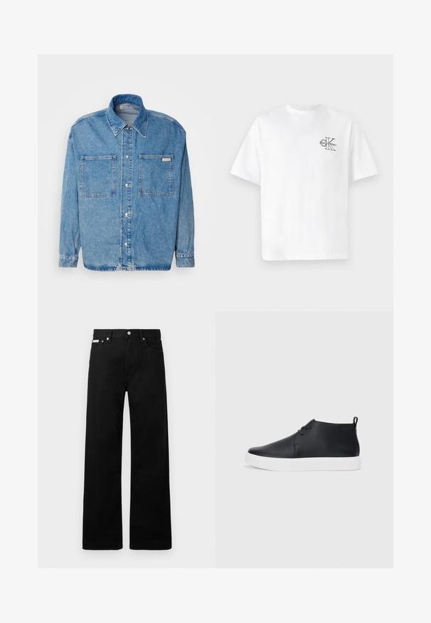Heledasinine teksajakk, millel on nööpidega eesmine osa, punktkaelus, kaks rinna taskut ja tikandi detailid õlgade ning mansettide ümber.; Valge puuvillane T-särk lühikeste varrukatega, ümmarguse kaelusega, mille vasakul rinnal on must CK logo, tavaprofiil, sile tekstuur.; Mustadest denimist püksid laiade jalgadega, viie tasku ja metallist nööpidega. Sile tekstuur, nähtavad mustrid puuduvad.; Mustmust mustatooted, millel on sile nahk, valge kummist tald ja lihtne nööridega kinnitamine. Tagaküljel on tõmbeosadega.