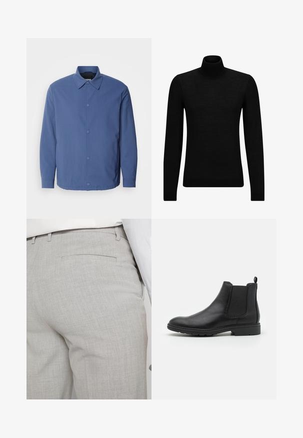 Šviesiai mėlynas mygtukais užsegamas švarkas su apykakle, ilgomis rankovėmis ir priekiniu kišeniu. Pagamintas iš lygaus, patvaraus audinio su minimalistiniu dizainu.; Juodas aukšto kaklo megztinis, pagamintas iš minkštos medžiagos, su ilgomis rankovėmis ir prigludusia forma. Su raukiniais apačioje ir rankogaliuose. Paprastas dizainas.; Šviesiai pilkos spalvos pritaikytos kelnės iš faktūrinės medžiagos, turinčios vieną užpakalinę kišenę ir tvarkingus siūlus.; Juodas odinis Čelsio batų modelis su elastinėmis šoninėmis juostelėmis ir kilpike, apvalia nosimi ir tekstūruotu guminiu padu.