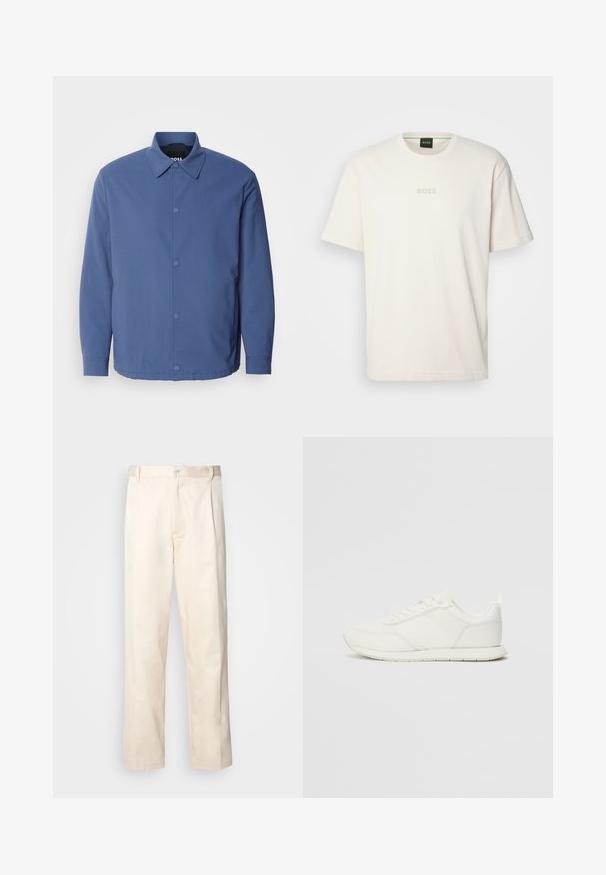 Light blue button-up jacket with a collar, long sleeves, and front pockets. Made from smooth, durable fabric with minimalistic design.; BOSS TEE - Basic T-shirt - open white; Beige cotton trousers with a straight-leg cut, featuring a button closure and pleats at the front for added detail.; White sneaker with a mesh and synthetic upper, round toe, flat laces, and a textured side stripe. Rubber sole with a pull tab at the back.
