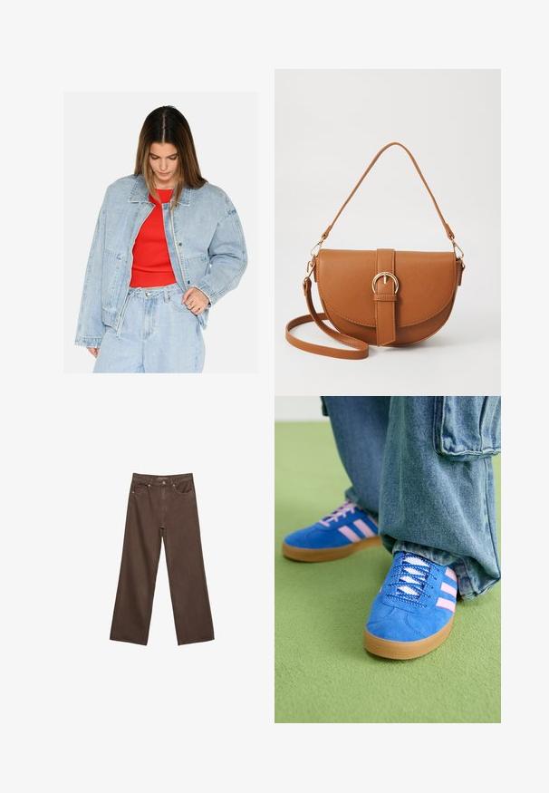 Svetlomodrá džínsová bunda s voľným strihom, veľkými vreckami a striebornými kovovými prvkami, nosená cez červený rebrovaný top. Hladká textura.; Biele tričko s krátkym rukávom vyrobené z bavlny, s dekoratívnym čipkovým lemovaním pozdĺž rukávov a okrúhlym výstrihom.; Džínsy s širokými nohavicami v hnedej farbe, vyrobené z denimu, so zvýšeným pásom, prednými vreckami a klasickým zapínaním na gombík. Hladká textúra s jemným prešívaním.; Modré semišové topánky s ružovými pruhmi a bielymi šnúrkami, s gumenou podrážkou, skombinované s voľnými džínsami na zelenej ploche.; Hnedá kožená kabelka cez telo s zakriveným tvarom, zlatými kovovými doplnkami a akcentom s prackou. Obsahuje odnímateľný ramenný popruh.