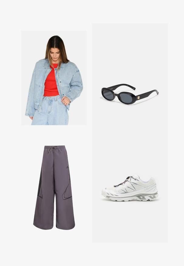 Hellblaues Jeansjackett mit bequemer Passform, großen Taschen und silbernen Hardwaredetails, getragen über einem roten gerippten Oberteil. Glatte Textur.; Langarm-Sportshirt aus weißem Stoff mit einem runden Ausschnitt und schwarzem Adidas-Logo auf der linken Schulter und seitlichem Akzent.; Lila Weite-Hosen aus leichtem Material mit einem Kordelzugbund, seitlichen Taschen, schwarzen Akzenten und einem Logodetail.; Weißer Sportschuh mit strukturiertem Obermaterial, reflektierenden Akzenten und grauer Sohle. Verfügt über betonte dreieckige Muster und ein Schnellschnürsystem.; Schwarze ovale Sonnenbrillen mit dunklen Gläsern, glänzendem Kunststoffrahmen, breiten Bügeln und einem kleinen goldenen Akzent auf einer Seite.