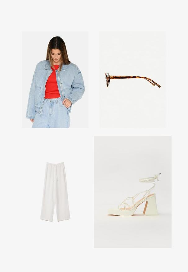 Lyseblå denimjakke med en afslappet pasform, store lommer og sølvhardware, båret over en rød ribbet top. Glat tekstur.; Lys beige kortærmet t-shirt med rund halsudskæring, lavet af blødt, glat stof. Har en afslappet pasform og lige forneden.; Hvide bukser med bred benlængde lavet af et letvægtsstof. Har et elastisk talje med snor og sidelommer. Glat tekstur.; Hvide højhælede sandaler med en kraftig hæl, der har et stropdesign og ankelbinding. Glat tekstur med en platform foran for ekstra højde.; Skildpaddemønstret solbriller med en tyk ramme, let buede stænger og glat overflade. Har et klassisk design med en blank finish.