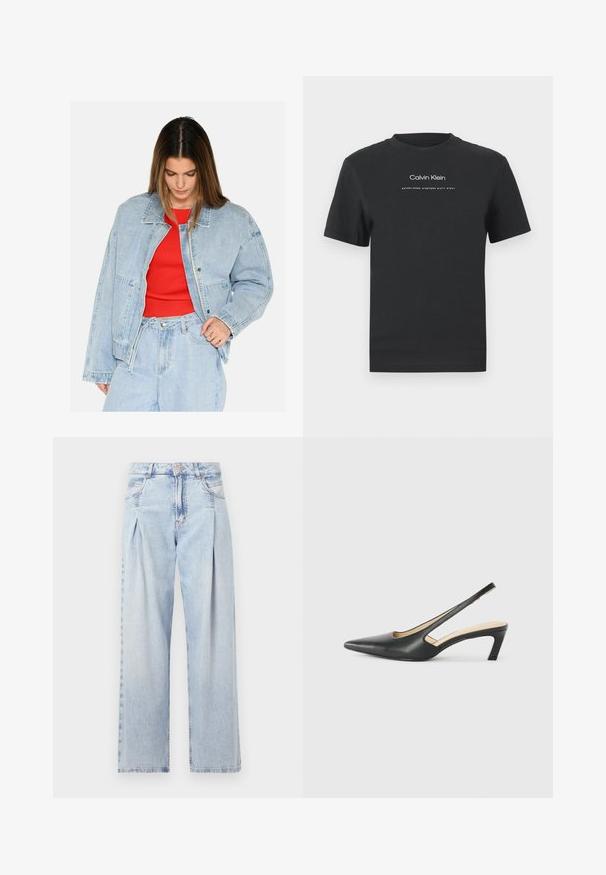 Light blue denim jacket with a relaxed fit, large pockets, and silver hardware, worn over a red ribbed top. Smooth texture.; Black cotton T-shirt with a crew neckline, short sleeves, and white printed "Calvin Klein" logo and "Established 1968" text.; Light blue denim jeans with a high waist, wide-leg cut, two side pockets, and pleated design feature. Soft texture with a faded finish.; Black pointy-toed slingback shoe with a low heel, featuring smooth leather material and cut-out design on the side for breathability.