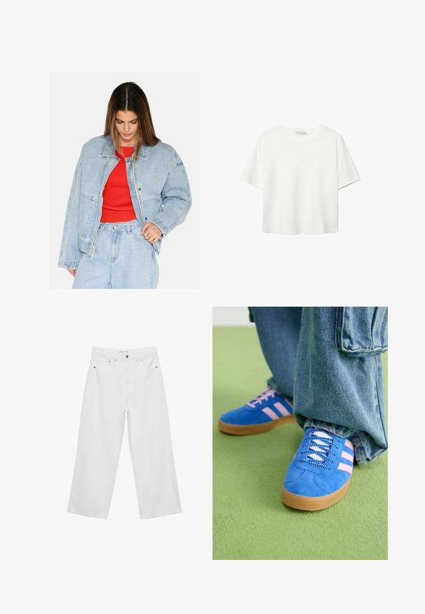 Lyseblå denimjakke med en afslappet pasform, store lommer og sølvhardware, båret over en rød ribbet top. Glat tekstur.; Hvid kortærmet t-shirt lavet af bomuld. Har en rund halsudskæring og en afslappet pasform. Glat tekstur uden synlige mønstre eller detaljer.; Hvide bukser med bred benvidde lavet af denim med høj talje, der har fem lommer og metalhardware. Glat tekstur, uden synlige mønstre.; Blå ruskindsko med pink striber og hvide snørebånd, med en sål af gummi, parret med løse denimbukser på en grøn overflade.
