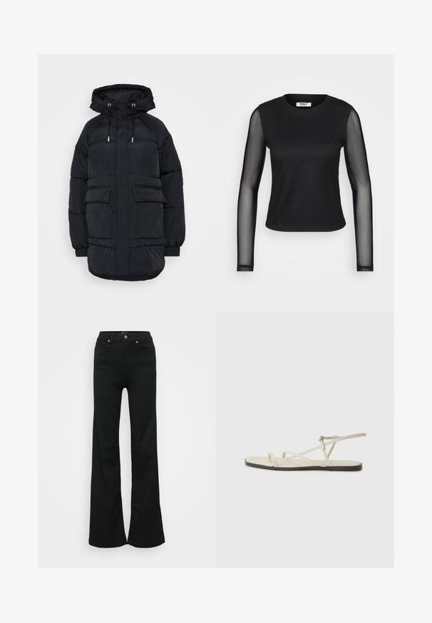 Μαύρο μπουφάν με κουκούλα, δύο μπροστινές τσέπες και φερμουάρ. Κατασκευασμένο από υλικό με υφή και ελαφρώς γυαλιστερή επιφάνεια.; Μαύρη μακρυμάνικη μπλούζα με συμπαγές σώμα και διάφανες μανίκες από πλέγμα. Διαθέτει στρογγυλή λαιμόκοψη και εφαρμοστή σιλουέτα. Το ύφασμα έχει απαλό και ελαστικό φινίρισμα.; Μαύρα φαρδιά τζιν από τζην υλικό, με ψηλή μέση, πέντε τσέπες και μεταλλικό κούμπωμα. Λείο υφή με ελάχιστες λεπτομέρειες.; Μπεζ επίπεδες σαγιονάρες με πολλές λεπτές λωρίδες και ρυθμιζόμενο κούμπωμα. Η σόλα είναι επίπεδη με ελαφρώς σκούρα αντίθεση στην άκρη.