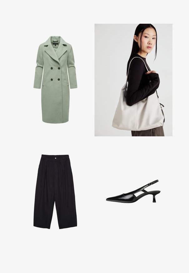 Ljusgrön ullblandad kappa med dubbelknäppt design, med en slagkrage, två framfickor och svarta knappar.; Svart t-shirt med kort ärm, tillverkad av mjukt tyg. Har en klassisk rund halsringning och en avslappnad passform. Inga mönster eller detaljer synliga.; Svarta polyester culottbyxor med elastisk midja, två framfickor och en lös silhuett. Inga synliga mönster eller hårdvarudetaljer.; Svart lackläder slingback-klackar med spetsig tå, utskuren sidor och en liten fyrkantig klack. Slät textur med minimala accenter.; Beige handväska tillverkad av mjukt material, med en avslappnad design, sydda detaljer och två axelremmar. Lämplig för dagligt bruk.