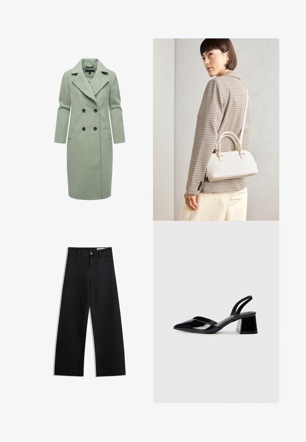 Svetlozelený kabát z vlnenej zmesi s dvojitým zapínaním, ktorý má klopový golier, dve predné vrecká a čierne gombíky.; Biela krátkopsová tričko vyrobené z bavlny. Má okrúhly výstrih a voľný strih. Hladká textúra bez viditeľných vzorov alebo akcentov.; Čierne denimové nohavice s širokými nohavicami a vysokým pásom, so prednými a zadnými vreckami, šitými švami a zapínaním na gombík. Hladká textúra.; Čierne lakované kožené sandálové podpätky s špicatou špičkou a geometrickým blokovým podpätkom. Disponujú elegantným, minimalistickým dizajnom a hladkým povrchom.; Biela štruktúrovaná kabelka s krátkymi rúčkami a ramenným popruhom, s zlatými kovovými prvkami a textúrovaným materiálom, vystavená na šedom pozadí.
