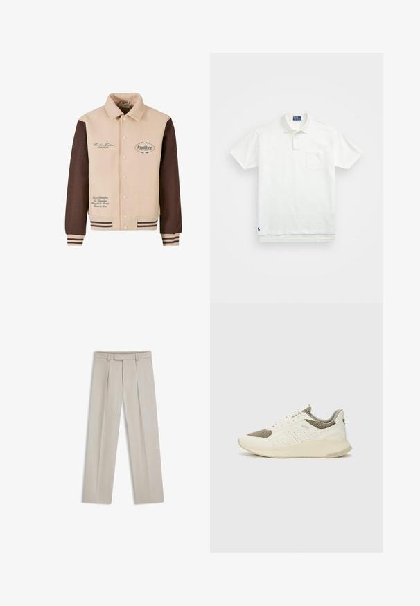 Beige och brun jacka med knappframsidan, krage, broderad text och randiga manschetter. Tillverkad av mjukt tyg och har dekorativa lappar.; Vit polo skjorta i bomull med en klassisk krage, treknapps placket och en bröstficka på vänster sida; liten logga vid fållen.; Ljust beige byxor med en vida design, framfickor och en flexibel midja. Tillverkade av ett mjukt tyg, minimala metall detaljer.; Vit och ljusbeige atletisk sneaker med ett meshöverdrag, perforerade detaljer och en texturerad mellansula med varumärke på hälen.