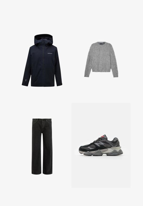 Peak Performance M RIDER - Snowboardjacke - black; Grauer, langärmeliger Pullover aus flauschigem Material mit Rundhalsausschnitt und cropped Fit. Glatte Textur mit einem weichen, leichten Erscheinungsbild.; Grünes Baumwoll-T-Shirt mit kurzen Ärmeln, geripptem Rundhalsausschnitt und gesticktem Nike-Logo auf der Brust. Glatte Textur und entspannte Passform.; Schwarze, weit geschnittene Jeans aus Denim mit hoher Taille, im klassischen Fünf-Taschen-Design und subtilem Verblassen für eine strukturierte Optik.; Schwarzer und grauer Sneaker mit einer Kombination aus Wildleder und Mesh-Materialien, dicker Sohle, ausgeprägtem Logo und roten Akzenten an der Zunge.