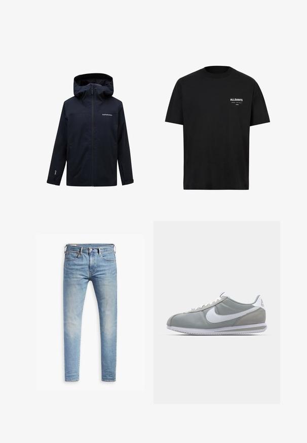 Peak Performance M RIDER  - Snowboardkabát - black; Fekete pamut póló rövid ujjakkal és kerek nyakkivágással. A bal melle területén fehér szöveg található: "ALLSAINTS" és "LONDON".; Világoskék, slim fit farmernadrág enyhe kopással a combokon, elöl gombos záródással, övbujtatókkal és öt zsebbel, fehér háttérrel.; Szürke sportcipő velúr és textil felsőrésszel, fehér Nike pipa logóval és fehér fűzőkkel. Jellemzője egy texturált gumi talp és párnázott bokarész.