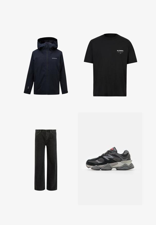 Peak Performance M RIDER - Snieglenčių striukė - black; Juodas medvilnės marškinėliai trumpomis rankovėmis su apvaliu iškirpimu. Kairėje krūtinės pusėje yra baltos spalvos užrašai "ALLSAINTS" ir "LONDON".; Juodi džinsai plačiomis kojomis su aukštu liemeniu, su klasikinio penkių kišenių dizainu ir švelniu prasiskverbimu dėl tekstūruotos išvaizdos.; Juodos ir pilkos sportbačiai su zomšos ir tinklelio medžiagų mišiniu, storu padu, išsiskiriančiu logotipu ir raudona akcentu ant liežuvėlio.