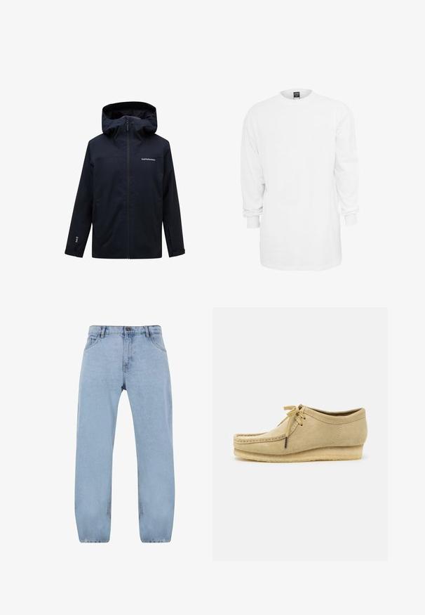 Peak Performance M RIDER - Snowboardjas - black; Witte katoenen t-shirt met lange mouwen, ronde hals, losse pasvorm en ribgebreide manchetten. Eenvoudig ontwerp, geen afbeeldingen of patronen.; Lichtblauwe denim jeans met een recht model, voorzien van vier zakken, een ritssluiting en gouden stiksels.; Beige suède schoen met een vetersluiting, gestikte details en een rubberen zool. De vorm is casual met een lichte sleehak.