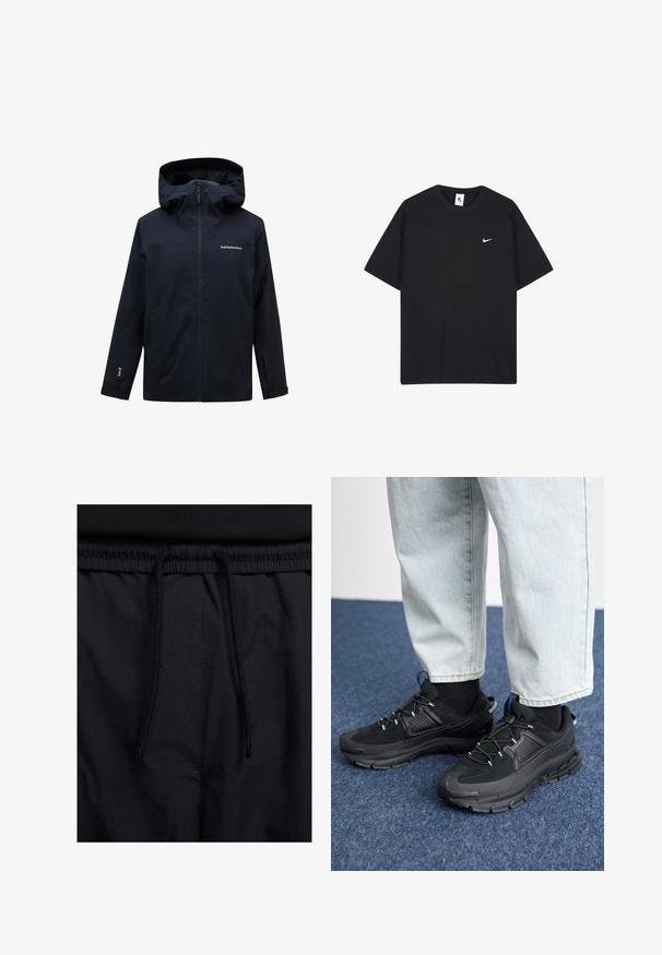 Peak Performance M RIDER - Snowboardová bunda - black; Černé tričko Nike vyrobené z bavlny, s kulatým výstřihem a krátkými rukávy. Obsahuje malé bílé logo Nike na levé části hrudníku.; Černé šortky s páskem na šňůrku, lehký materiál s hladkou texturou a jednoduchý design bez viditelných log nebo vzorů.; Černé sportovní boty s texturovanou tkaninou a gumovou podrážkou, s elastickými tkaničkami a modrým akcentem na patě. Nosí se s světlými džíny.
