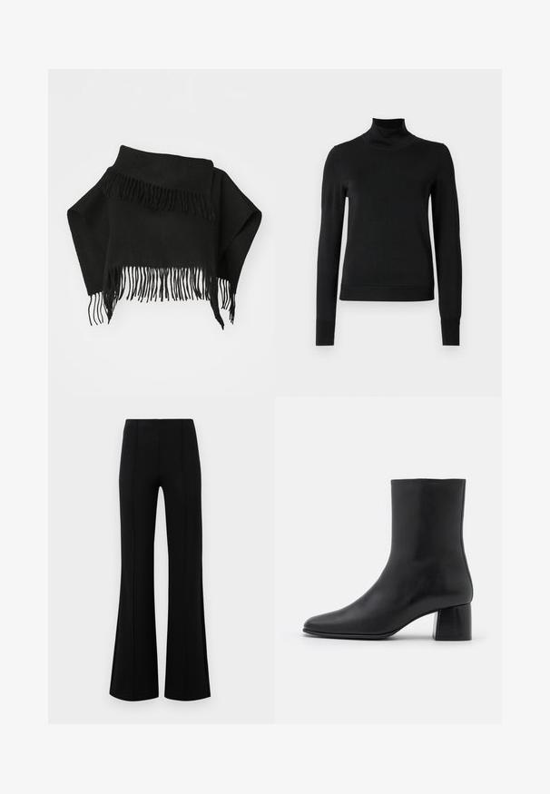 Sciarpa nera con frange realizzata in un tessuto morbido. Presenta bordi irregolari e lunghe frange sottili sul fondo. Versatile per stratificare.; Pullover nero a maniche lunghe con collo alto, rifinito con polsini e orlo a coste, mostrato su uno sfondo bianco semplice.; Pantaloni neri a zampa d'elefante con vita alta, realizzati in tessuto elastico. Presentano dettagli di cucitura verticale nella parte anteriore e una texture liscia.; Stivali ankle in pelle nera con punta affusolata e tacco quadrato grosso. Texture liscia con un design senza cuciture e cuciture minimaliste.