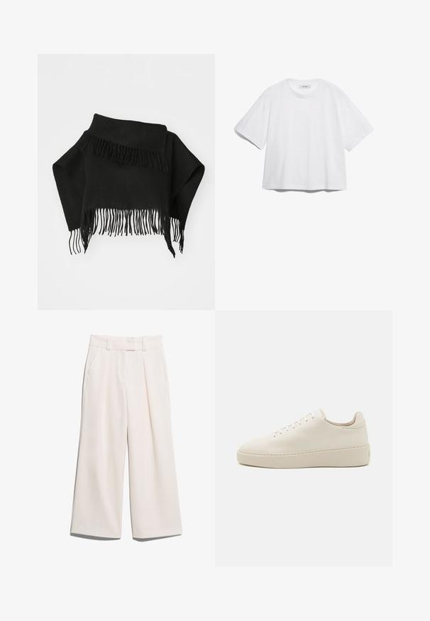 Svart fransete sjal laget av myk stoff. Har ujevne kanter og lange, tynne fransene i bunnen. Allsidig for lagdeling.; Hvit bomull t-skjorte med korte ermer, rund hals, avslappet passform og uten synlige mønstre eller grafikk. Glatt tekstur og enkelt design.; Videbukser i en lys kremfarge, laget av glatt stoff med to frontlommer og synlig søm på livserien.; Hvit lær sneakers med rund tå, tonale snørebånd og en tykk plattformsåle. Minimalistisk design med jevn tekstur og ingen synlig merkevare.