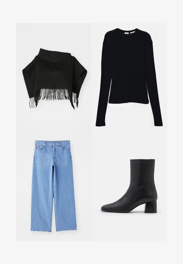 Châle noir à franges fabriqué en tissu doux. Possède des bords irréguliers et de longues franges fines en bas. Polyvalent pour des superpositions.; Haut noir à manches longues en tissu doux, avec un col rond et une coupe décontractée, doté de fentes sur les côtés à l'ourlet pour faciliter les mouvements.; Jean large bleu clair en denim, avec un design classique à cinq poches et une fermeture à bouton. Texture lisse, ourlet effiloché.; Bottine en cuir noir avec un bout pointu et un talon carré épais. Texture lisse avec un design sans coutures et descoutures minimalistes.