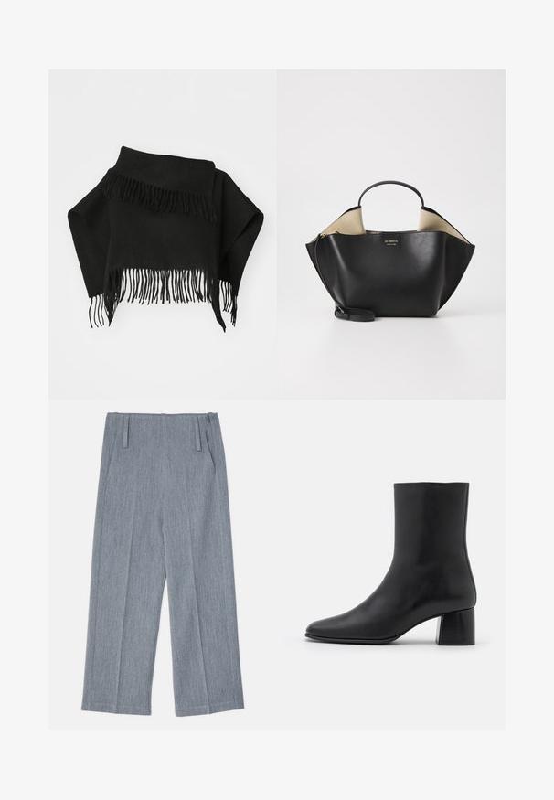 Châle noir à franges fabriqué en tissu doux. Possède des bords irréguliers et de longues franges fines en bas. Polyvalent pour des superpositions.; Haut noir à manches longues en tissu doux, avec un col rond et une coupe décontractée, doté de fentes sur les côtés à l'ourlet pour faciliter les mouvements.; Pantalons larges gris clair en tissu texturé, avec deux plis avant et deux poches latérales. Design épuré et ajusté.; Bottine en cuir noir avec un bout pointu et un talon carré épais. Texture lisse avec un design sans coutures et descoutures minimalistes.; Ree Projects ANN TOTE MINI - Sac à main - black