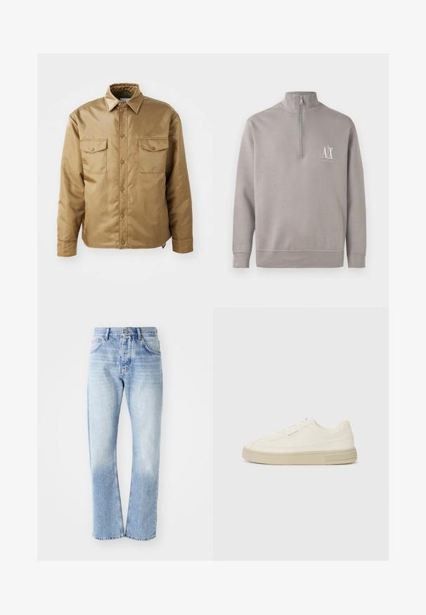 Veste marron à manches longues avec un devant à boutons, deux poches poitrine et un col. Fabriquée dans un matériau lisse et léger.; Pull-over gris clair à zip quart, fabriqué en matériau doux, avec un petit logo blanc sur la poitrine et des poignets et une taille élastiqués.; Jean en denim bleu clair avec une coupe droite. Présente un design à cinq poches, un zip, et une texture décolorée vers le bas.; Baskets en toile blanches avec une semelle en caoutchouc texturée, présentant un capuchon de chaussure cousu et un accent de logo sur le talon. Design simple à lacets.