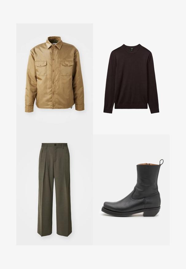 Veste marron à manches longues avec un devant à boutons, deux poches poitrine et un col. Fabriquée dans un matériau lisse et léger.; Reiss Pullover - dark bordeaux; Filippa K WIDE TROUSERS - Pantalon classique - driftwood; Botte de cheville en cuir noir avec une texture lisse, un profil élancé, des surpiqûres sur les côtés et un petit talon carré. Elle possède une languette à l'arrière.