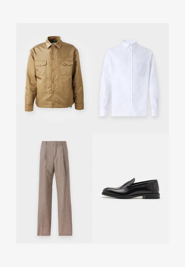 Brown, long-sleeve jacket with a button-up front, two chest pockets, and a collared neck. Made of smooth, lightweight material.; White long-sleeve button-up shirt made of cotton, featuring a chest pocket with tonal embroidery, a collar, and button cuffs.; Brown, high-waisted trousers made of textured fabric. Features wide legs and two front pleats for structure. Neat finish with no visible hardware.; Black leather loafers with a smooth texture, rounded toe, and a decorative strap across the vamp. Low stacked heel, minimalist design.