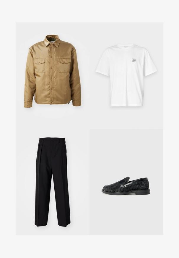 Giacca marrone a maniche lunghe con chiusura a bottoni, due tasche sul petto e colletto. Realizzata in materiale liscio e leggero.; T-shirt bianca in cotone con maniche corte, colletto tondo e un piccolo logo grigio nella zona sinistra del petto. Texture liscia.; Pantaloni neri a pieghe con un design dritto e gamba larga. Realizzati in tessuto morbido, con chiusura a bottone e passanti per cintura.; Scarpa nera a mocassino intrecciata con un accentuato in pelle liscia sulla parte superiore, design a punta rotonda e suola in gomma a profilo basso.