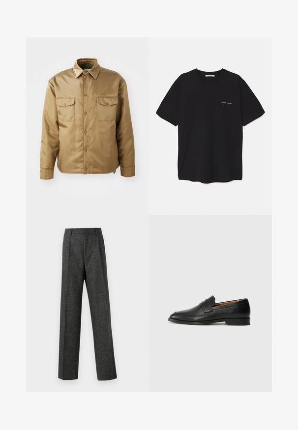 Brown, long-sleeve jacket with a button-up front, two chest pockets, and a collared neck. Made of smooth, lightweight material.; Black cotton T-shirt with a crew neck, short sleeves, and a white logo print on the left chest. Simple, solid color design.; Gray tailored trousers made of textured fabric, featuring two front pleats and a straight-leg design. No visible pockets or embellishments.; Black leather loafer with a rounded toe, subtle stitched detailing, and a low heel, featuring a smooth texture and minimalist design.