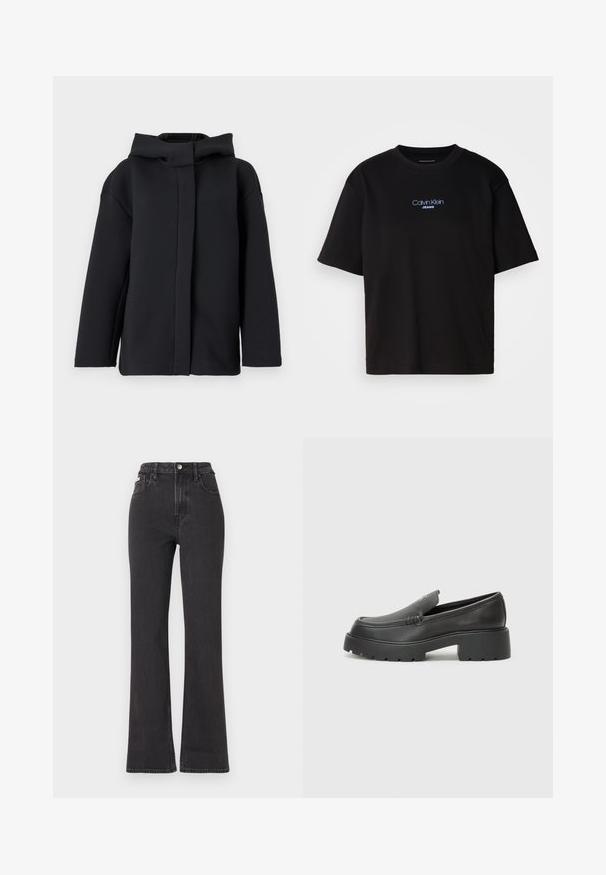 Black hooded sweatshirt with a relaxed fit, featuring a smooth texture, long sleeves, and a front opening without traditional closures.; Black cotton t-shirt with a round neck, short sleeves, and blue embroidered "Calvin Klein JEANS" logo on the front.; Black high-waisted flared jeans made of denim, featuring a button closure, belt loops, and side pockets. Smooth texture with minimal fading.; Black leather loafers with a rounded toe, thick textured sole, and minimal stitching details. Sleek design with no visible laces or hardware.