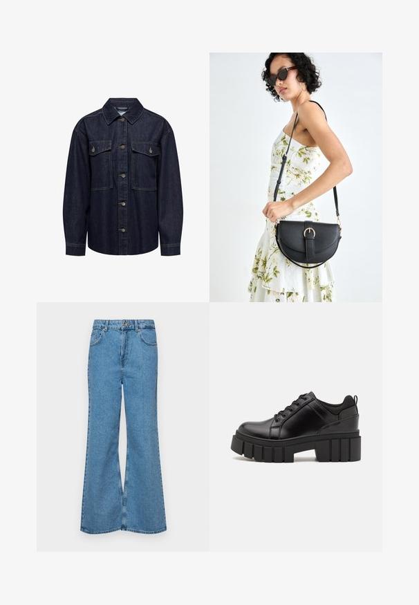 JDY Džinsinis švarkelis - dark blue denim; Tamsiai mėlynos spalvos kordūro vaikiškos marškiniai su mygtukų užsegimu priekyje, apykakle ir trijų ketvirčių rankovėmis. Pasižymi peplumo stiliaus surinktu išsiuvimu ir švelnia tekstūra.; Šviesiai mėlynos flared džinsai, pagaminti iš džinsinio audinio, su aukštu liemeniu, penkiomis kišenėmis ir vienu mygtuko užsegimu. Minkštas paviršius su išblukusiu efektu.; Juodi odiniai platformos batai su masyviu blokuota kulniuku, apvalia nosimi ir tradiciniu šnypštimo dizainu. Turintys glotnų paviršių ir minimalų dekoravimą.; Juodas odinis krepšys su išlenkta forma, nuimamu dirželiu ir auksiniais detalėmis. Krepšys turi kilpą su sagtimi.