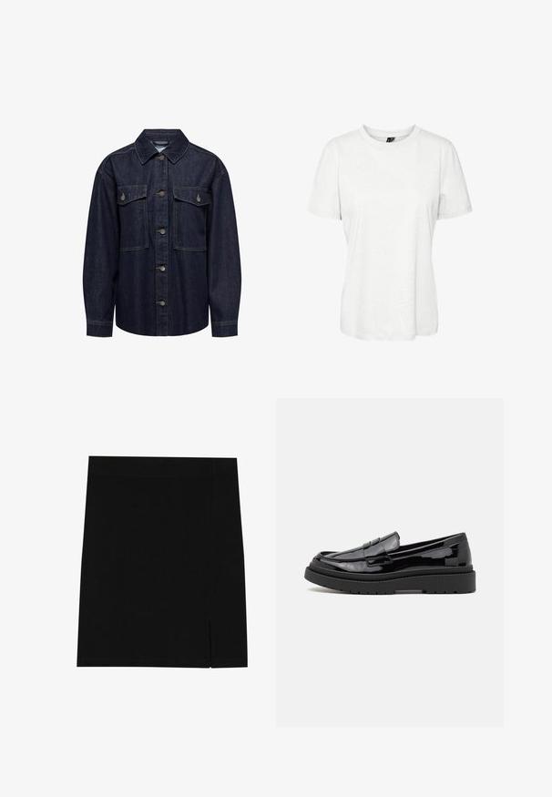 JDY Jachetă din denim - dark blue denim; Tricou alb cu mânecă scurtă, fabricat din bumbac, cu guler rotund și un croi lejer. Textură netedă, fără modele sau broderii vizibile.; Fustă mini neagră, confecționată dintr-un material moale, cu un design strâns, având o mică deschidere pe o parte pentru un detaliu suplimentar.; Loafers din piele patent neagră cu vârful rotunjit, o curea decorativă și o talpă groasă din cauciuc negru. Textură netedă și lucioasă, cu cusături minime.