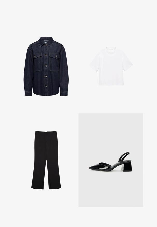 JDY Traper jakna - dark blue denim; Bijela pamučna majica kratkih rukava s okruglim izrezom. Jednostavan dizajn, slobodan kroj, glatka tekstura. Nema vidljivih uzoraka ili akcenta.; Crne hlače ravnog kroja, s prednjim džepovima i bočnim prorezima na rubu. Izrađene od mekog i glatkog materijala. Pogodne za razne prigode.; Crne lakirane kožne sandale s otvorenom petom i špicastim vrhom, s geometrijskom blok petom. Imaju elegantan, minimalistički dizajn i glatku teksturu.