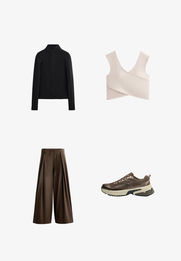 Crna jakna izrađena od glatkog, rastezljivog materijala. Ima visoki ovratnik, cijeli prednji zip i dva bočna džepa na zip. Dugi rukavi.; Mekan bralet u bež boji s V-izrezom, širokim naramenicama i dizajnom zavijanja. Izrađen od rastezljivog materijala s glatkim, minimalnim šavovima.; Smeđe hlače širokih nogavica od teksturiranog materijala, s elastičnim pojasom na vezanje i prednjim nabranicama.; Smeđi atletski tenisice s mrežastim gornjim dijelom, metalnim akcentima, debelim bijelim međupotplatkom i strukturiranim crnim potplatom. Ima vezice i kvačicu.