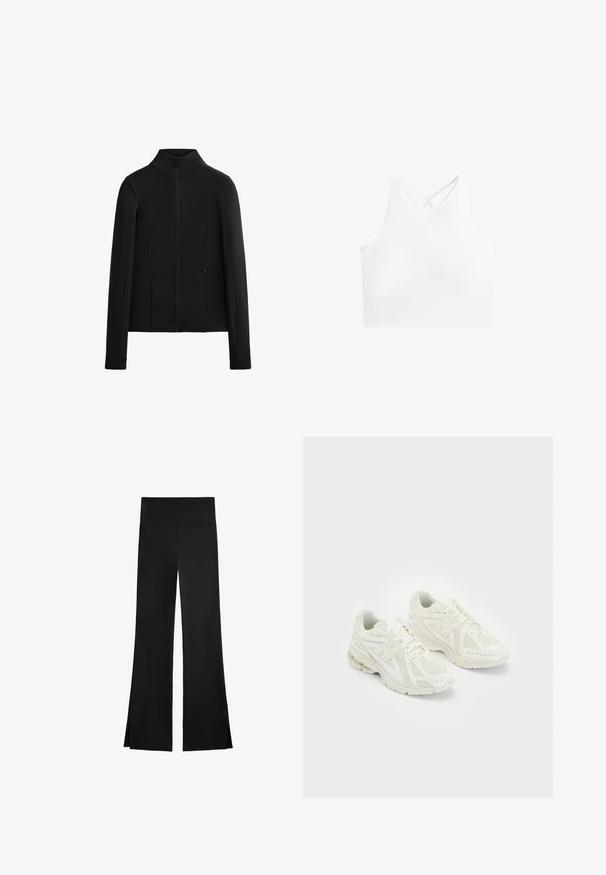 Zwarte jas gemaakt van gladde, rekbare stof. Beschikt over een hoge kraag, een volledige ritssluiting aan de voorkant en twee zijzakken met rits. Lange mouwen.; Witte sportieve crop top met een hoge halslijn en dubbele kruislings strapjes op de rug, met een gladde, rekbare stoftextuur.; Zwarte broek met een wijd beenontwerp, voorzien van een hoge tailleband en zijsplitten voor gemakkelijke beweging. Gemaakt van een gladde, rekbare stof.; Witte sportschoenen van mesh en synthetische materialen, vetersluiting, gevoerde kraag en een gestructureerde zool voor grip. Lichtgewicht constructie.