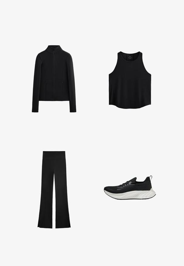 Crna jakna izrađena od glatkog, rastezljivog materijala. Ima visoki ovratnik, cijeli prednji zip i dva bočna džepa na zip. Dugi rukavi.; Crna bezrukavna majica od glatkog materijala, s okruglim dekolteom, ravnim krojem i bočnim panelima s suptilnom teksturom.; Crne hlače širokog kroja, s visokim strukom i bočnim prorezima za lakše kretanje. Izrađene su od glatkog, rastezljivog materijala.; Crna atletska cipela s teksturiranim gornjim dijelom, bijelim jastučićem potplatom i suptilnim brendingom. Ima petlju za povlačenje i vezanje.