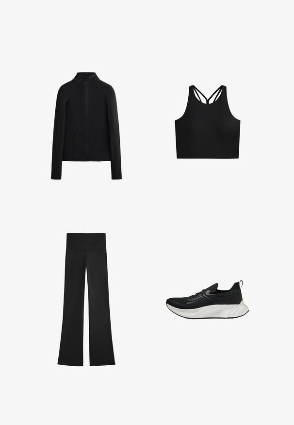 Črna jakna iz gladkega, raztegljivega blaga. Ima visok ovratnik, popoln sprednji zadrgo in dva stranska žepa z zadrgo. Dolgi rokavi.; Črn športni crop top z gladko teksturo, ki ima visok ovratnik in dvojne križaste naramnice na hrbtu. Preprost, funkcionalen dizajn.; Črne razširjene hlače iz elastičnega materiala, ki imajo visok pas in gladko teksturo, brez vidnih vzorcev ali kovinskih detajlov.; Črne atletske čevlje s teksturiranim zgornjim delom, belim oblazinjenim podplatom in diskretnim logotipom. Imajo zanko za lažje obuvanje in vezalni sistem.