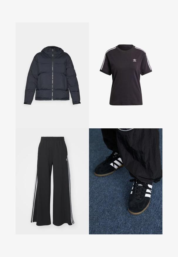 Chaqueta acolchada azul marino con capucha, cierre de cremallera y puños elásticos. Presenta un diseño amplio y textura acolchada para aislamiento.; Camiseta de algodón negra de manga corta con cuello redondo, que presenta rayas blancas en los hombros y un pequeño logo blanco de Adidas en el pecho.; Pantalones de chándal negros de pierna ancha con una cinturilla elástica, que presentan franjas blancas a los lados y un logo bordado en el muslo izquierdo.; Zapatillas deportivas de ante negro con tres rayas blancas y cordones negros. Un pantalón negro texturizado es parcialmente visible al lado de las zapatillas.