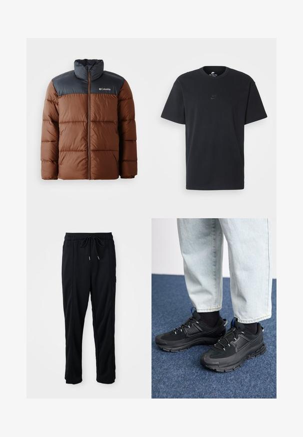 Hnědá a tmavě šedá zateplená bunda s vysokým límcem, předním zipem a logem na prsou; obsahuje prošívané části pro izolaci.; Černé bavlněné tričko Nike s klasickým kulatým výstřihem, krátkými rukávy a decentně vyraženým logem na hrudi. Hladký povrch.; Černé casual kalhoty se stahovací šňůrkou v pase, bočními kapsami a rovnými nohavicemi na jednobarevném pozadí.; Černé sportovní boty s texturovanou tkaninou a gumovou podrážkou, s elastickými tkaničkami a modrým akcentem na patě. Nosí se s světlými džíny.