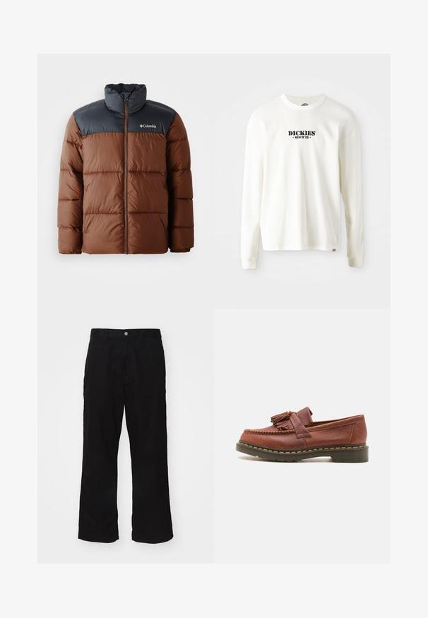 Braune und dunkelgraue gepolsterte Jacke mit hohem Kragen, Reißverschluss vorne und Logo auf der Brust; verfügt über gesteppten Einsätze zur Isolierung.; Weißes Langarm-Sweatshirt mit Rippstruktur, das ein schwarzes Logo "DICKIES" mit "SINCE '22" darunter zeigt, Rundhals und umgenähte Ärmel.; Schwarze weit geschnittene Hosen aus Baumwollmischgewebe, mit einem Knopfverschluss und geradem Schnitt, der nur minimale sichtbare Nähte aufweist.; Braune Leder-Mokassins mit Quastenakzenten, strukturierten Oberflächen und kontrastierenden gelben Nähten entlang der schwarzen Gummisohle. Seitenansicht.