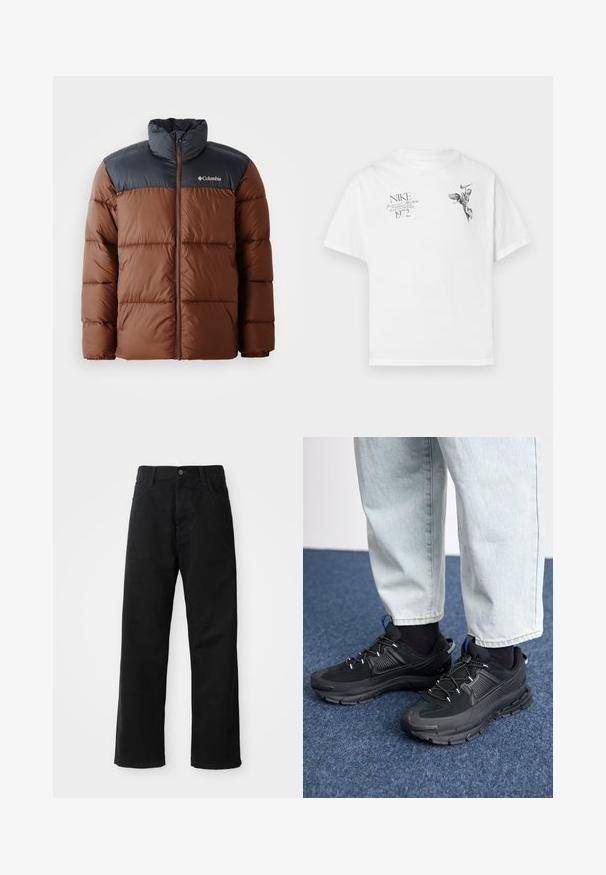 Barna és sötétszürke párnázott dzseki magas gallérral, cipzáras elülső résszel és logóval a mellkason; steppelt részekkel a hőszigetelés érdekében.; Fehér pamut póló, fekete grafikai nyomattal egy szárnyas lényről és szövegről, kerek nyakkal és rövid ujjú. ; Fekete farmernadrág egyenes szabással, elülső zsebekkel, cipzáras flyal és egy felső gombbal. Strukturált anyag matt felülettel.; Fekete sportcipők texturált anyaggal és gumitalppal, elasztikus fűzőkkel és kék kiegészítővel a saroknál. Világos farmernadrággal viselve.