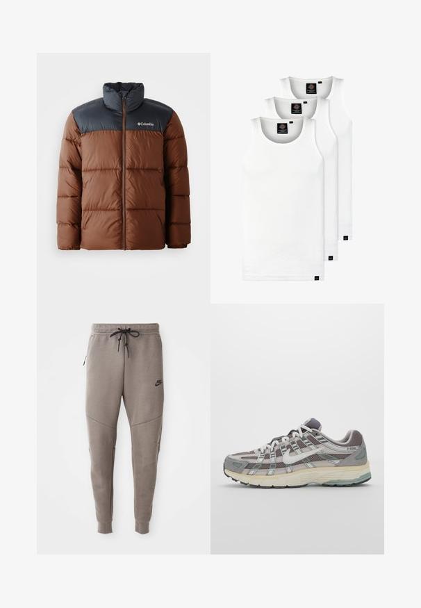 Brown and dark gray padded jacket with a high collar, zip front, and logo on the chest; features quilted sections for insulation.; Three white ribbed tank tops made of cotton. Features a crew neck and small black labels near the hem. Available in multiple sizes.; Gray Nike sweatpants with a drawstring waistband, tapered legs, side pockets, and distinct seam detailing. Soft, textured fabric.; Gray athletic shoe featuring a mesh and suede upper, white accents, a cushioned sole, and a distinctive design with reflective elements.