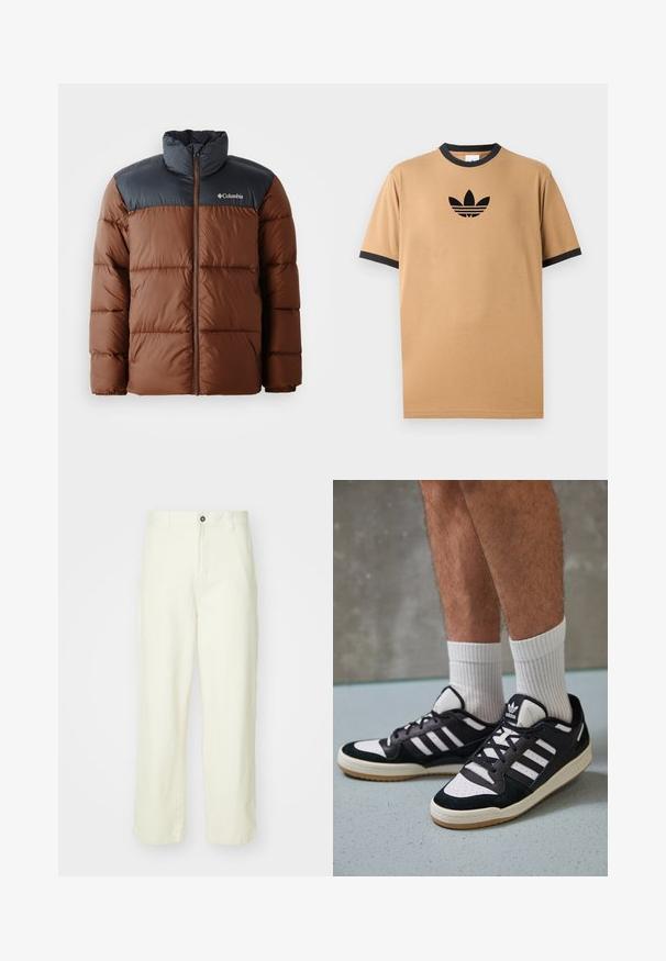 Rjava in temno siva podložena jakna z visokim ovratnikom, zadrgo spredaj in logotipom na prsih; ima tudi prešite dele za izolacijo.; Tan bomba majica s crnim rebrastim izrezom i manžetama. Sadrži crni Adidas logo s tri pruga ispod logoa na prsima.; Svetlo rumene hlače iz bombaža s ravnim krojem, ki imajo sprednjo zaklepanje na gumb, zanke za pas in čist, minimalističen dizajn.; Črno-bele superge z zgornjim delom iz usnja in nubuka, ki imajo tri bele črte, perforiran vrh prstov in podplat iz gume.