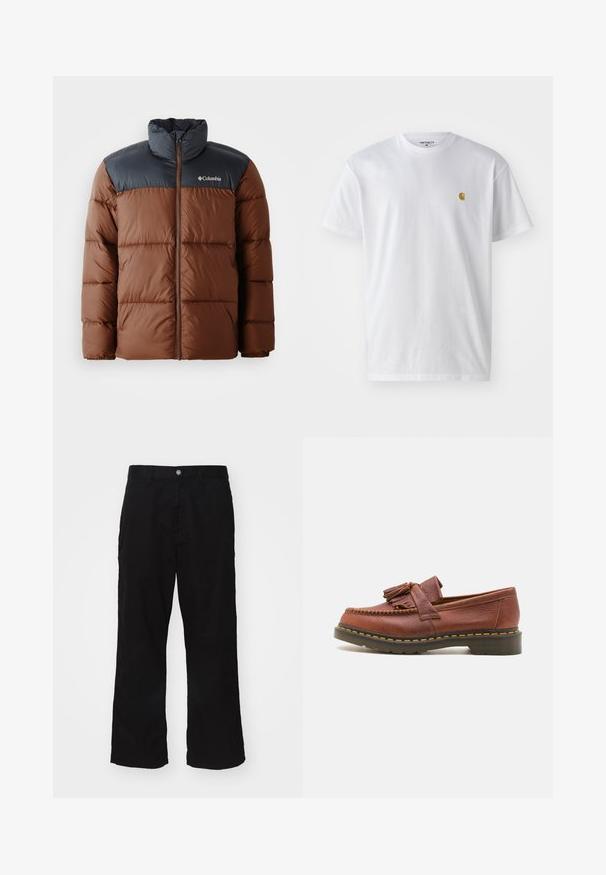 Giacca imbottita marrone e grigio scuro con collo alto, chiusura con zip e logo sul petto; presenta sezioni trapuntate per l'isolamento.; T-shirt bianco in cotone con maniche corte, con colletto girocollo, caratterizzato da un piccolo logo dorato sulla parte sinistra del petto. Tessuto morbido e vestibilità regolare.; Pantaloni neri a gamba larga realizzati in tessuto misto cotone, con chiusura a bottone e taglio dritto con cuciture minime visibili.; Mocassino in pelle marrone con dettagli in frange, superficie testurizzata e cuciture gialle in contrasto lungo la suola in gomma nera. Vista laterale.