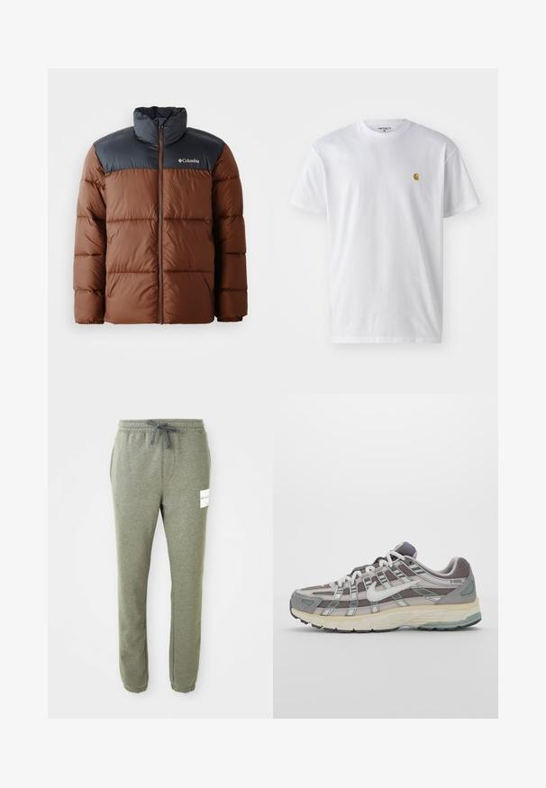 Veste rembourrée marron et gris foncé avec un col haut, fermeture éclair à l'avant et logo sur la poitrine ; présente des sections matelassées pour l'isolation.; T-shirt en coton blanc à manches courtes, col rond, avec un petit logo doré sur la poitrine gauche. Texture douce et coupe régulière.; Pantalon de survêtement gris chiné avec taille élastique, cordon de serrage, poches latérales, poignets aux chevilles et une petite étiquette de marque blanche sur la cuisse droite.; Chaussure de sport grise avec une tige en mesh et en daim, accents blancs, semelle rembourrée et un design distinctif avec des éléments réfléchissants.