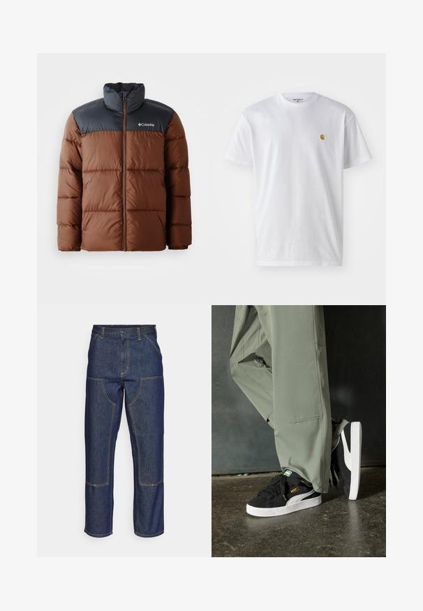 Braune und dunkelgraue gepolsterte Jacke mit hohem Kragen, Reißverschluss vorne und Logo auf der Brust; verfügt über gesteppten Einsätze zur Isolierung.; Weißes Baumwoll-T-Shirt mit kurzen Ärmeln, Rundhalsausschnitt, mit einem kleinen goldenen Logo im linken Brustbereich. Weicher Stoff und normale Passform.; Dunkelblaue Jeans aus Denim mit hoher Taille, geradem Bein-Design, kontrastierenden Nähten und aufgesetzten Taschen auf der Vorderseite.; Schwarze Wildleder-Sneaker mit weißen Gummisohlen und seitlichen Streifen, kombiniert mit hellgrünen Cargo-Hosen, stehen auf einer strukturierten dunklen Oberfläche.