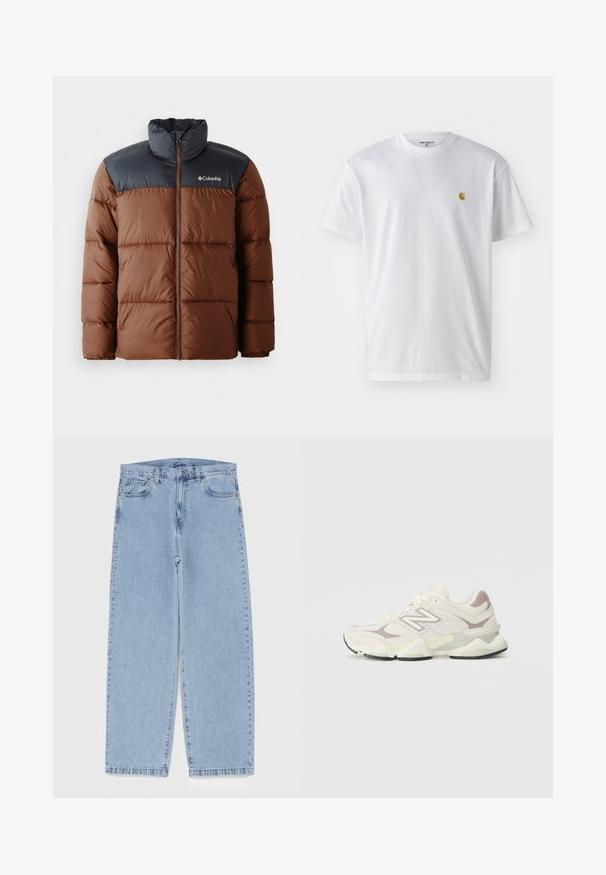 Brun og mørkegrå polstret jakke med høj krave, lynlåslukning foran og logo på brystet; har quiltede sektioner til isolering.; Hvid bomulds t-shirt med korte ærmer, rund hals og et lille guld logo på venstre brystområde. Blød tekstur og almindelig pasform.; Lyseblå denimjeans med straight leg-design, der har en mid-rise talje, fem lommer og en lukning med knap og lynlås.; Hvid og lysegrå atletisk sneakers med en overdel i mesh og syntetisk materiale, polstret krave, teksturerede accenter og en tyk gummisål.